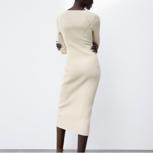 Rare Zara Ecru Ribbed Knit Midi Dress Sculpting Long Sleeve Bodycon Cream Beige - Picture 4 of 14